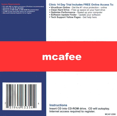 Mcafee Clinic Mcaf2200: Virus Scan Online, Clean Hard Drive, Optimize Performance, Software Update Finder, Tech Support Yellow Pages, and More: The Revolutionary New Way to Protect, Maintain and Optimize Your Pc Online: Mcafee, Your Internet Desktop