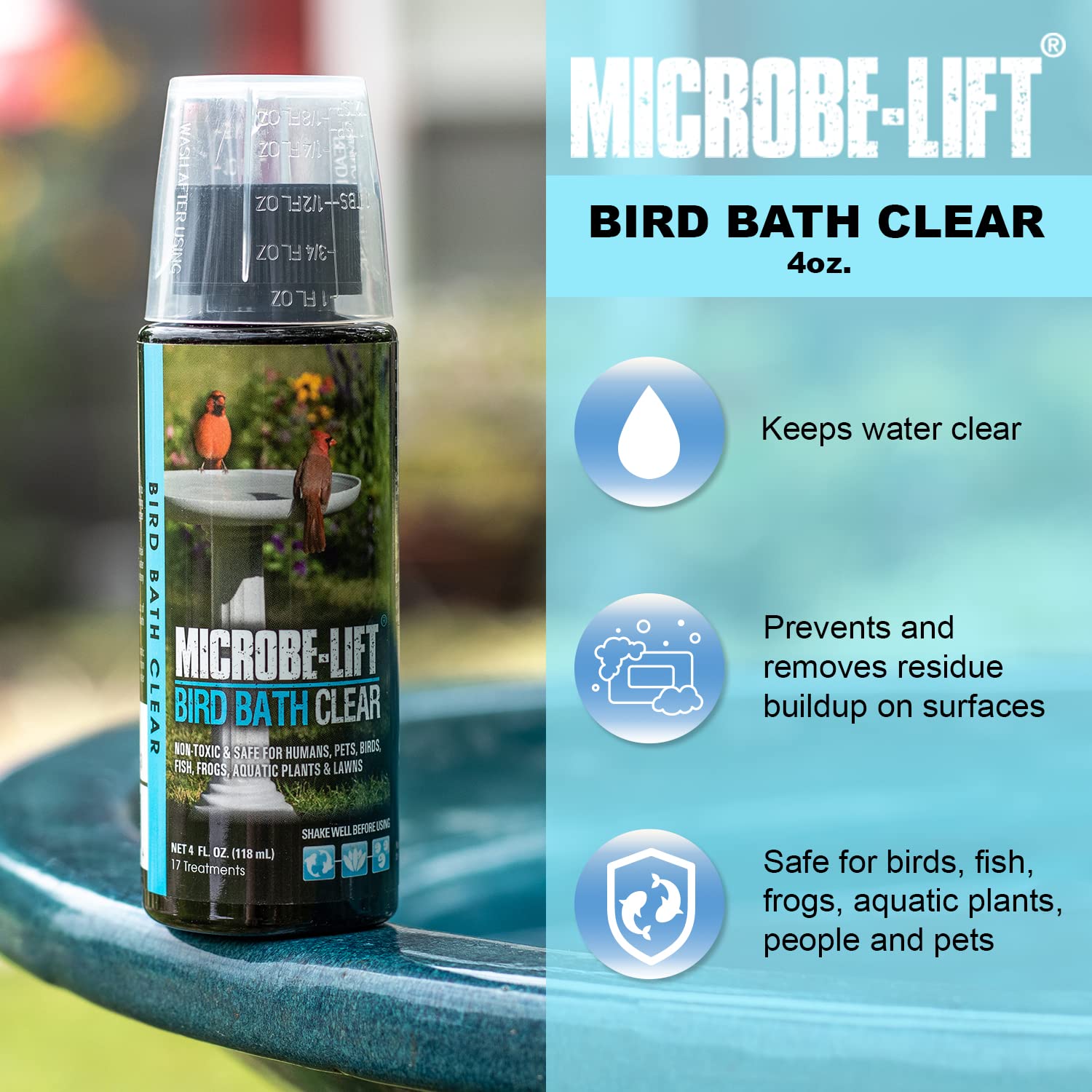 MICROBE-LIFT Bird Bath Clear Two-in-One Water Cleaner and Surface Treatment for Outdoor Birdbaths and Fountains, Safe for Birds, Fish, and Frogs (Birdbath Clear 4-Ounce)