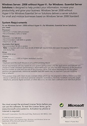 Microsoft Windows Essential Server w/o Hyper-V 2008 English 1 License DVD 5 Client