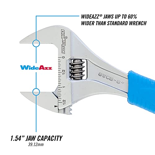 Channellock 8WCB 8-Inch WideAzz Adjustable Wrench|1.5-Inch Wide Jaw Opening|Precise Jaw Design Grips Tight-Even in Tight Spaces|Measurement Scales Engraved on the Tool|CODE BLUE Comfort Grip