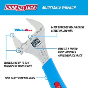 Channellock 8WCB 8-Inch WideAzz Adjustable Wrench|1.5-Inch Wide Jaw Opening|Precise Jaw Design Grips Tight-Even in Tight Spaces|Measurement Scales Engraved on the Tool|CODE BLUE Comfort Grip