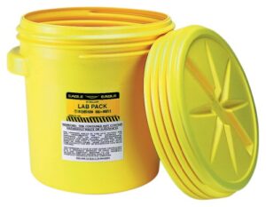 eagle 20 gallon lab pack barrel drum with screw top lid, 20.75" height, 20.5" diameter,blow-molded hdpe, yellow, 1650