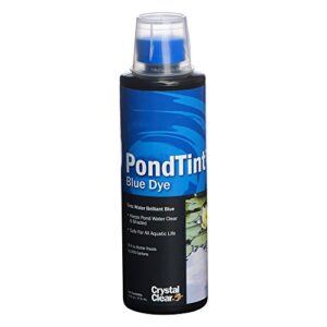 crystalclear pondtint blue pond dye, for water gardens & koi fish ponds, ecofriendly, clean & clear water, no mixing & easy to use, enhances natural color, treats up 16,000 gallons, 16 oz