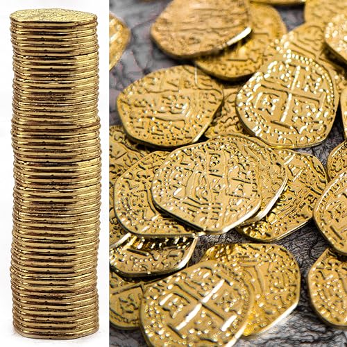 Beverly Oaks Metal Pirate Coins - Gold Spanish Doubloon Replicas - Fantasy Metal Coin Pirate Treasure (50-Coins-All Gold)