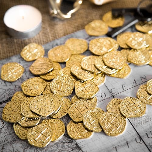 Beverly Oaks Metal Pirate Coins - Gold Spanish Doubloon Replicas - Fantasy Metal Coin Pirate Treasure (50-Coins-All Gold)