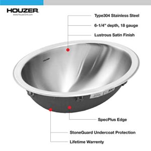 HOUZER Opus Series CHT-1800-1 Topmount Oval Bowl Bathroom Sink, Without Overflow, 17-3/4" x 13-9/16", Stainless Steel