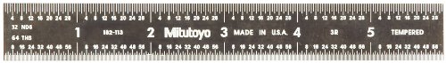 Mitutoyo 182-113, Steel Rule, 6" (3R), (1/32, 1/64, 1/10, 1/50"), 3/64" Thick X 3/4" Wide, Black Chrome Finish Tempered Stainless Steel