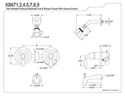 Kingston Brass KB678 Twin Handles Tub Shower Faucet, Brushed Nickel 5-Inch Spout Reach