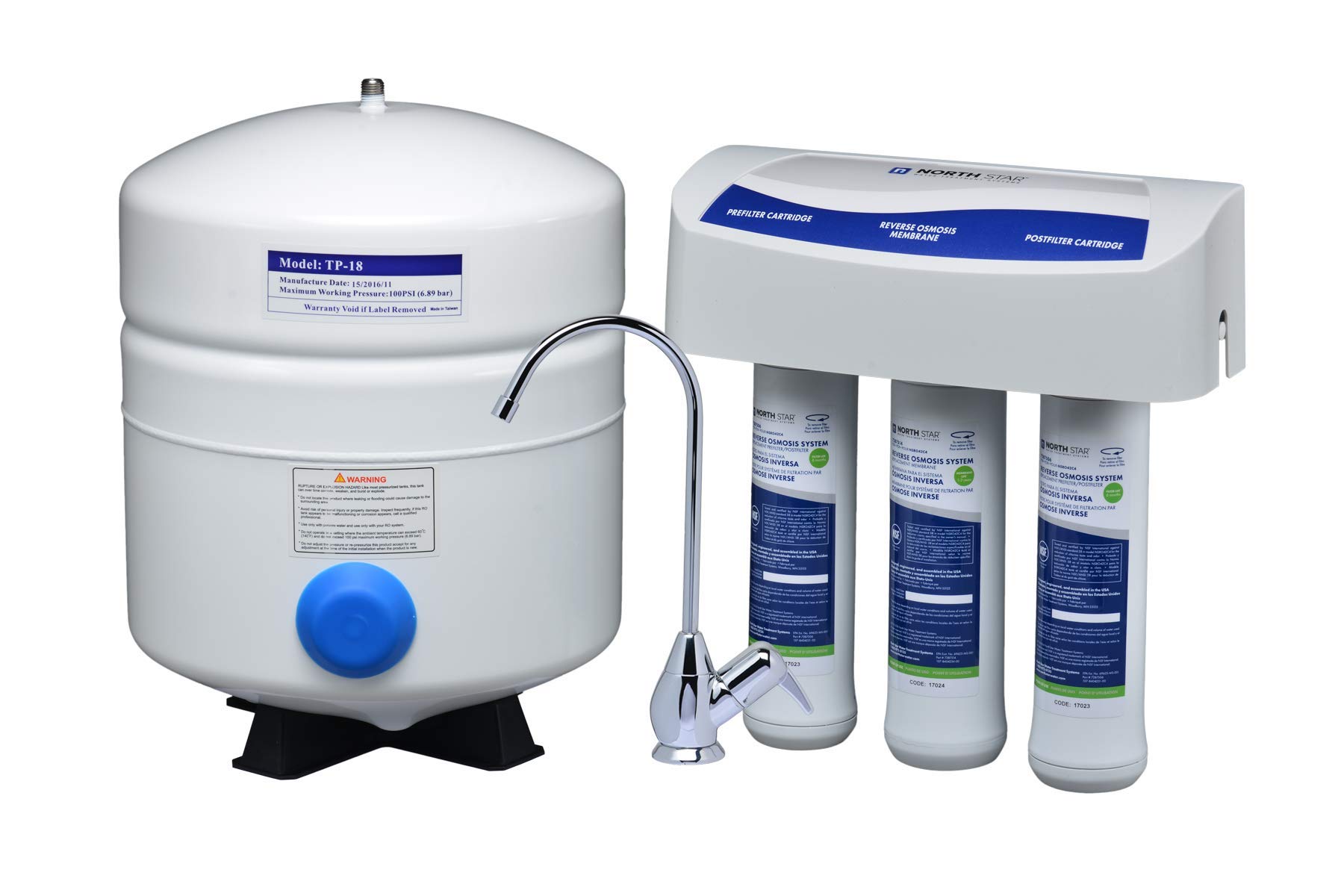 North Star NSRO42C4 Reverse Osmosis Under Sink Drinking Water Filtration System (7287695) | 3 Stage System Includes Membrane and 2 Carbon Filters to Reduce Lead, Arsenic & TDS | Kitchen Faucet & Tank Included