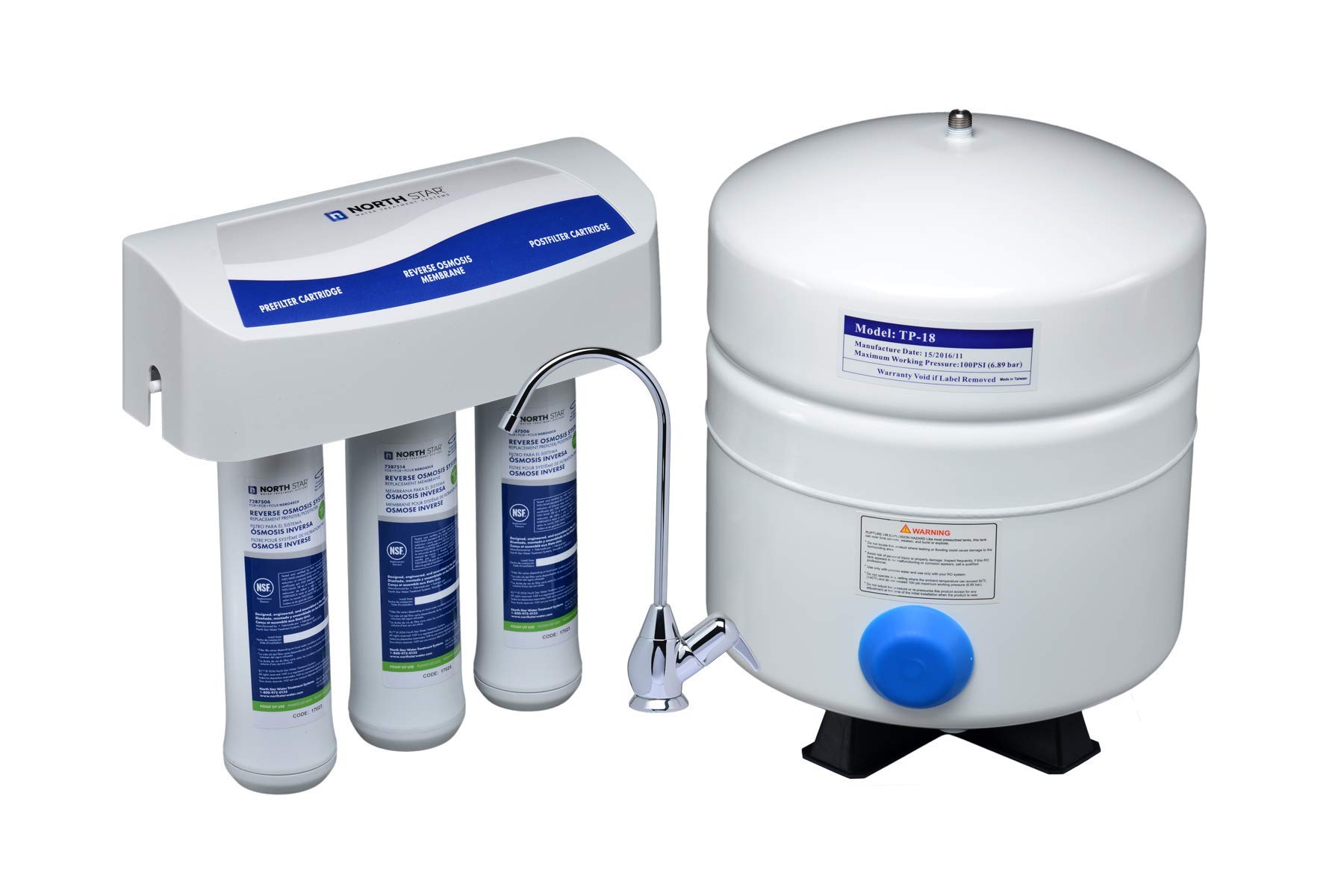 North Star NSRO42C4 Reverse Osmosis Under Sink Drinking Water Filtration System (7287695) | 3 Stage System Includes Membrane and 2 Carbon Filters to Reduce Lead, Arsenic & TDS | Kitchen Faucet & Tank Included