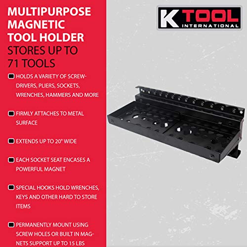 K Tool International 72465 MagClip Multi-Function Adjustable Tool Holder for Garages, Repair Shops, and DIY, 20"L x 4.75"W x 5"D, Stores up to 71 Tools, 15 lbs. Capacity, Alloy Steel, Black