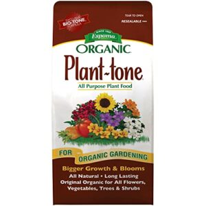 espoma organic plant-tone 5-3-3 natural & organic all purpose plant food; 4 lb. bag; the original organic fertilizer for all flowers, vegetables, trees, and shrubs.