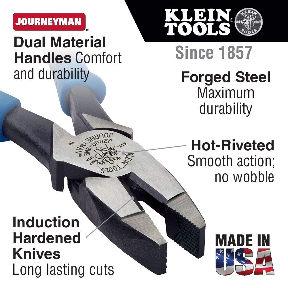 Klein Tools J213-9NE Side Cutter Linemans Pliers, High Leverage, 9-Inch, Streamlined Design, Color Coded