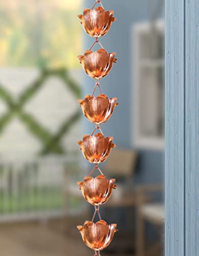 Monarch Rain Chains 28519 Pure Copper Lotus Large Cup Rain Chain, 8-1/2 Feet Length Replacement Downspout for Gutters, 8.5 Ft
