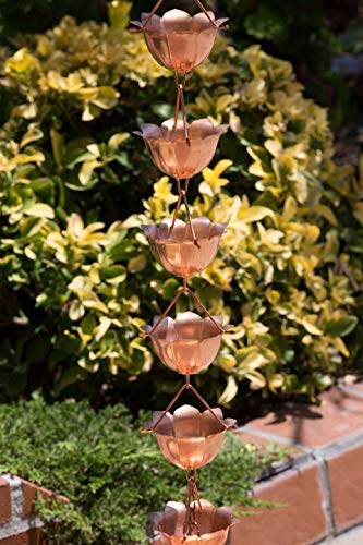 Monarch Rain Chains 28519 Pure Copper Lotus Large Cup Rain Chain, 8-1/2 Feet Length Replacement Downspout for Gutters, 8.5 Ft