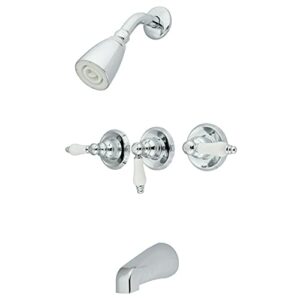 kingston brass kb231pl tub and shower faucet with 3-porcelain lever handle, polished chrome,5-inch spout reach