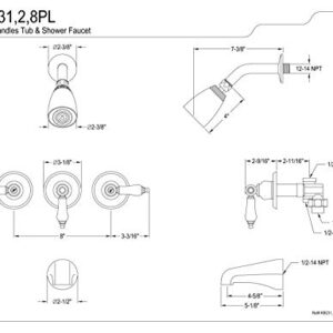 Kingston Brass KB231PL Tub and Shower Faucet with 3-Porcelain Lever Handle, Polished Chrome,5-Inch Spout Reach