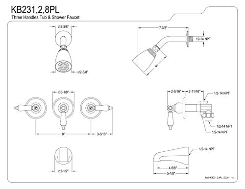 Kingston Brass KB231PL Tub and Shower Faucet with 3-Porcelain Lever Handle, Polished Chrome,5-Inch Spout Reach