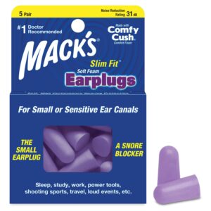 mack's slim fit soft foam earplugs, 5 pair - small ear plugs for sleeping, snoring, traveling, concerts, shooting sports & power tools | made in usa