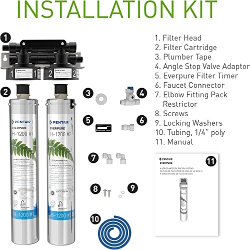 Pentair Everpure H-1200 Drinking Water System, EV928200, NSF Certified to Reduce PFOA/PFOS, Dual Cartridge System Includes Filter Head, Cartridges and all Hardware, 1,000 Gallon Capacity, 0.5 Micron