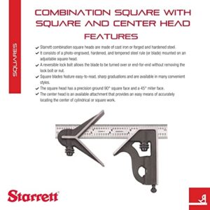 Starrett Steel Combination Square With Square Head And Center Head - 6" Blade Length, Cast Iron Heads, Hardened Steel, Reversible Lock Bolt, 4R Graduation Type - 11HC-6-4R