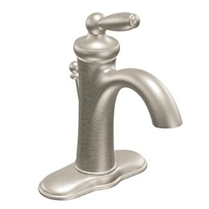moen brantford brushed nickel one-handle traditional low-arc bathroom faucet with optional deckplate and available vessel sink extension kit, 6600bn