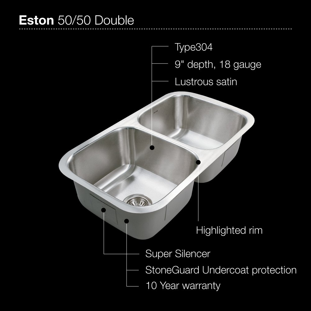 Houzer STD-2100-1 Eston Series Undermount Stainless Steel 50/50 Double Bowl Kitchen Sink, 18 Gauge
