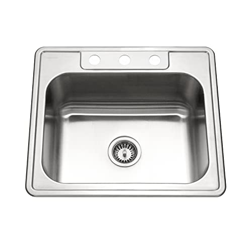 Houzer Stainless Steel 2522-8BS3-1 Glowtone Series Kitchen Sink - 25" Topmount Drop In Multipurpose Sink, Single Bowl Basin, 3 Hole, Ideal for Workstation, RV, Outdoor Kitchen, or Bar