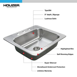 Houzer Stainless Steel 2522-8BS3-1 Glowtone Series Kitchen Sink - 25" Topmount Drop In Multipurpose Sink, Single Bowl Basin, 3 Hole, Ideal for Workstation, RV, Outdoor Kitchen, or Bar