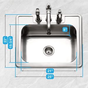 Houzer Stainless Steel 2522-8BS3-1 Glowtone Series Kitchen Sink - 25" Topmount Drop In Multipurpose Sink, Single Bowl Basin, 3 Hole, Ideal for Workstation, RV, Outdoor Kitchen, or Bar