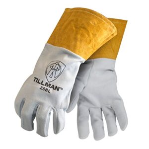 tillman large 14 14" pearl and gold light weight split deerskin unlined tig welders gloves with 4" cuff and kevlar thread locking stitch (carded)