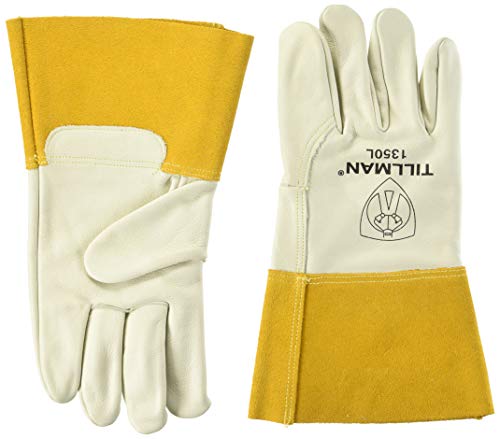 John Tillman and Co Tillman Large 12" Pearl and Gold Heavy Duty Top Grain Cowhide Unlined MIGTIG Welders Gloves with 4" Cuff and Kevlar Thread Locking Stitch (Carded), Pearl/tan