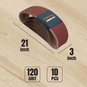 POWERTEC 110450 3 x 21 Inch Sanding Belts, 120 Grit Aluminum Oxide Belt Sander Sanding Belt for Portable Belt Sander, Wood & Paint Sanding, Metal Polishing, 10PK