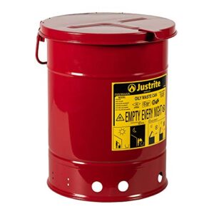 justrite 09110 galvanized steel oily waste safety can with hand operated cover, 6 gallon capacity, red