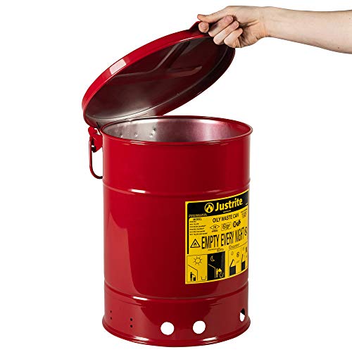 Justrite 09110 Galvanized Steel Oily Waste Safety Can with Hand Operated Cover, 6 Gallon Capacity, Red