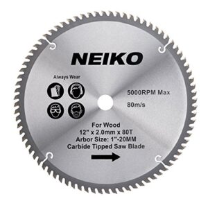 neiko 10768a 12" carbide chop saw blade, 80 tooth with 1-inch arbor, compatible with miter, table, radial arm, cut-off, standard circular saws, for home building, construction, woodworking, forest