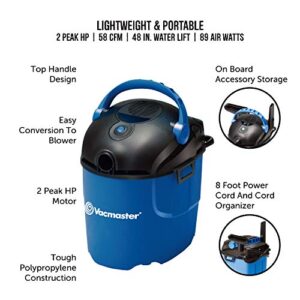 Vacmaster, VP205, 2.5 Gallon 2 Peak HP Portable Wet/Dry Shop Vacuum, Blue