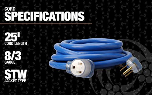 Southwire 19178806 8/3 Heavy-Duty STW 40-Amp/250-Volt Nema 6-50 Blue Welder Extension Cord 25- Feet 8-Gauge STW jacket for Superior Performance Rated at 40 Amps 250 Volts and 10000 Watts