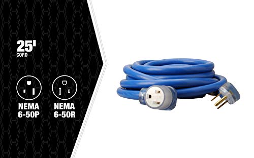 Southwire 19178806 8/3 Heavy-Duty STW 40-Amp/250-Volt Nema 6-50 Blue Welder Extension Cord 25- Feet 8-Gauge STW jacket for Superior Performance Rated at 40 Amps 250 Volts and 10000 Watts