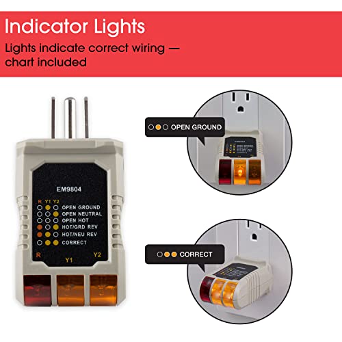 Power Gear Receptacle Tester, Standard 3-Wire, Circuit Analyzer, 110-125 VAC, 6 Visual LED Tests, ETL Listed – 50542 Gray