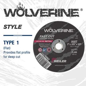 Weiler 56062 3" x 0.035" Wolverine Type 1 Thin Cutting Wheel, A60T, 3/8" A.H. (Pack of 100)