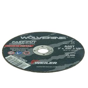 Weiler 56062 3" x 0.035" Wolverine Type 1 Thin Cutting Wheel, A60T, 3/8" A.H. (Pack of 100)