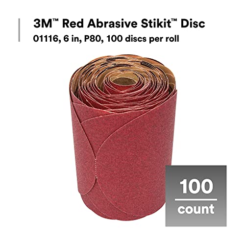 3M Stikit Red Abrasive Sanding Discs, 01112, No Hole, 6 in, 180+ Grade, Pack of 100 Discs, for Auto Sanding, Primer Sanding, E-Coat Sanding