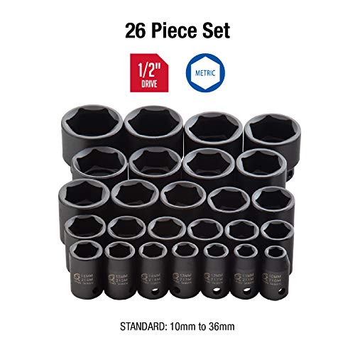 Sunex 2645, 1/2 Inch Drive Impact Socket Set, 26-Piece, Metric, 10mm-36mm, Cr-Mo Alloy Steel, Radius Corner Design, Heavy Duty Storage Case