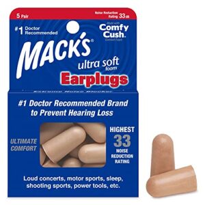 mack's ultra soft foam earplugs, 5 pair - 33db highest nrr, comfortable ear plugs for sleeping, snoring, travel, concerts, studying, loud noise, work | made in usa