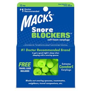 mack’s snore blockers soft foam earplugs, 12 pair – 32 db high nrr, 37 db snr – comfortable ear plugs for sleeping, snoring, loud noise and travel
