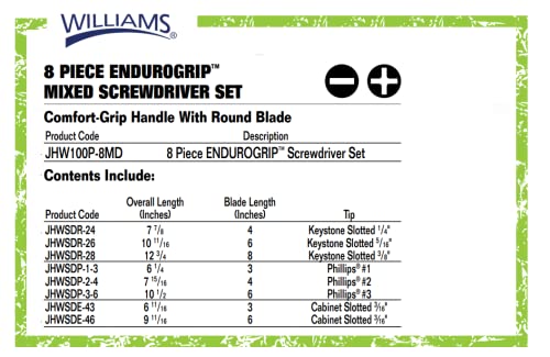 Williams 8-Piece Endurogrip Multi-Size Screwdriver Set, Keystone Slots Hex Bolster & Phillips, Comfort Grip Prevents Slippage, Extra Strength Steel Chrome Blades