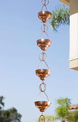 Monarch Rain Chains 29027 Pure Copper Eastern Hammered Cup Rain Chain, 8-1/2 Feet Length Replacement Downspout for Gutters