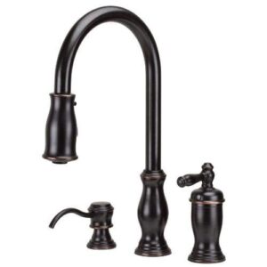 pfister gt526tmy hanover separate 1-handle pull-down kitchen faucet with soap dispenser in tuscan bronze