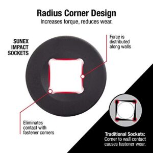 Sunex 2504, 1/2 Inch Drive Impact Extension Set, 4 Piece, SAE, 3 Inch - 15 Inch, Cr-Mo Steel, Radius Corner Design, Wobble Drive, Steel Ball Retainer, Dual Size Markings, with Storage Tray